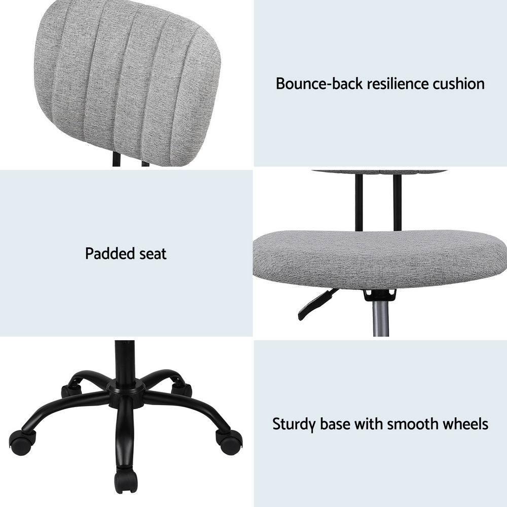 Artiss Armless Office Chair with Wheels, Ergonomic 360° Swivel Home Office Desk Chair, Height Adjustable Computer Task Chair with Fabric Back and Seat for Small Space, Grey