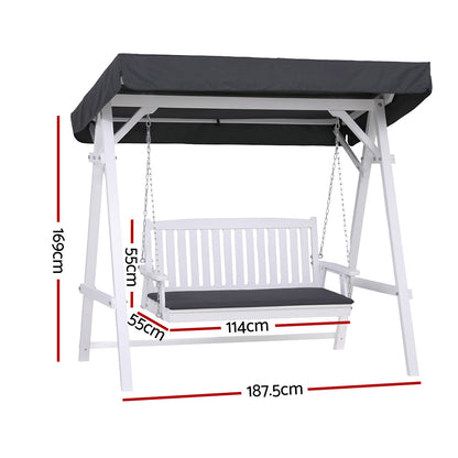 Gardeon Outdoor Wooden Swing Chair Garden Bench Canopy Cushion 3 Seater White