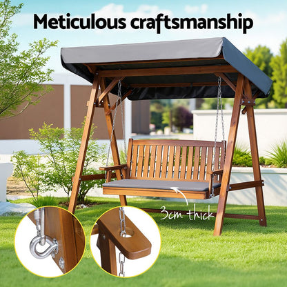 Gardeon Outdoor Wooden Swing Chair Garden Bench Canopy Cushion 3 Seater Teak