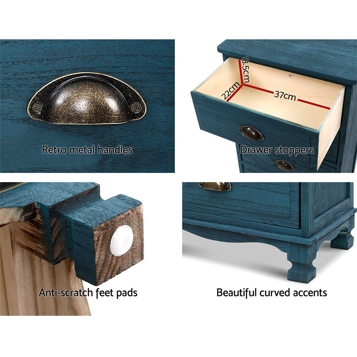 Artiss 2x Bedside Table 3 Drawers Vintage - THYME Blue
