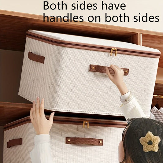 25L Double Zipper Storage Box with Faux Leather Handles | Large Capacity Lidded Basket, Perfect for Storing Clothes, Bedding, and Moving — Ideal for Bedrooms, Dorms, Studies, Wardrobes, Laundry Baskets, Shelf Bins, and Storage Racks.