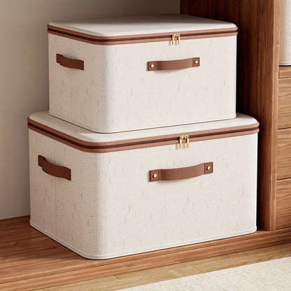 25L Double Zipper Storage Box with Faux Leather Handles | Large Capacity Lidded Basket, Perfect for Storing Clothes, Bedding, and Moving — Ideal for Bedrooms, Dorms, Studies, Wardrobes, Laundry Baskets, Shelf Bins, and Storage Racks.
