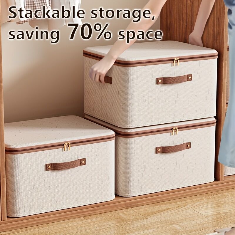 42L Double Zipper Storage Box with Faux Leather Handles | Large Capacity Lidded Basket, Perfect for Storing Clothes, Bedding, and Moving — Ideal for Bedrooms, Dorms, Studies, Wardrobes, Laundry Baskets, Shelf Bins, and Storage Racks.
