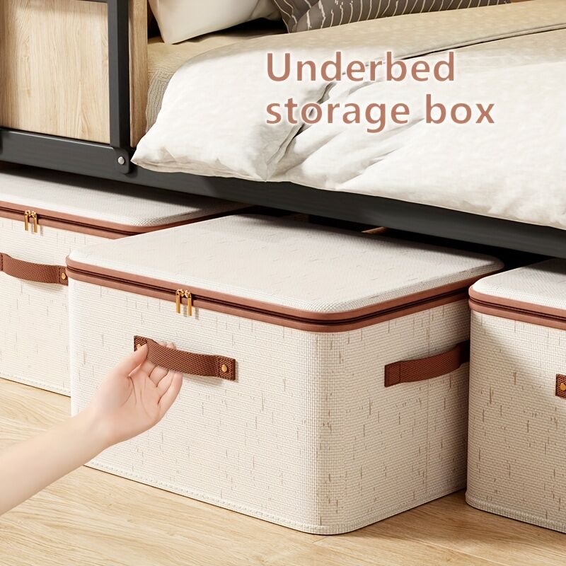 56L Double Zipper Storage Box with Faux Leather Handles | Large Capacity Lidded Basket, Perfect for Storing Clothes, Bedding, and Moving — Ideal for Bedrooms, Dorms, Studies, Wardrobes, Laundry Baskets, Shelf Bins, and Storage Racks.