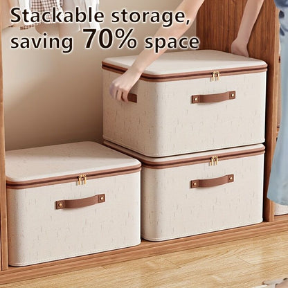 56L Double Zipper Storage Box with Faux Leather Handles | Large Capacity Lidded Basket, Perfect for Storing Clothes, Bedding, and Moving — Ideal for Bedrooms, Dorms, Studies, Wardrobes, Laundry Baskets, Shelf Bins, and Storage Racks.
