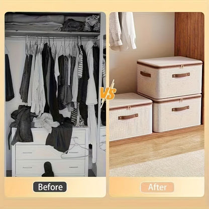 56L Double Zipper Storage Box with Faux Leather Handles | Large Capacity Lidded Basket, Perfect for Storing Clothes, Bedding, and Moving — Ideal for Bedrooms, Dorms, Studies, Wardrobes, Laundry Baskets, Shelf Bins, and Storage Racks.