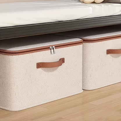 56L Double Zipper Storage Box with Faux Leather Handles | Large Capacity Lidded Basket, Perfect for Storing Clothes, Bedding, and Moving — Ideal for Bedrooms, Dorms, Studies, Wardrobes, Laundry Baskets, Shelf Bins, and Storage Racks.