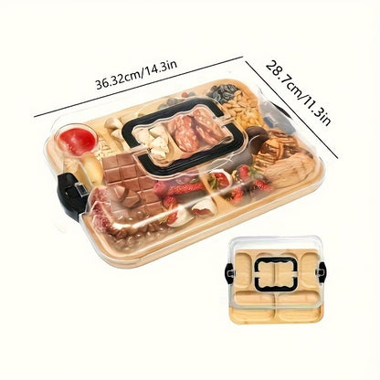 1pc Cheese Tray with Transparent Acrylic Lid - Portable Deli Platter for Camping, Parties, Restaurants | Holiday Appetizer, Deli and Snack Serving Tray, Back Can Be Used for Cutting Board, Party Snack Organizer, Safe Snapon Lid