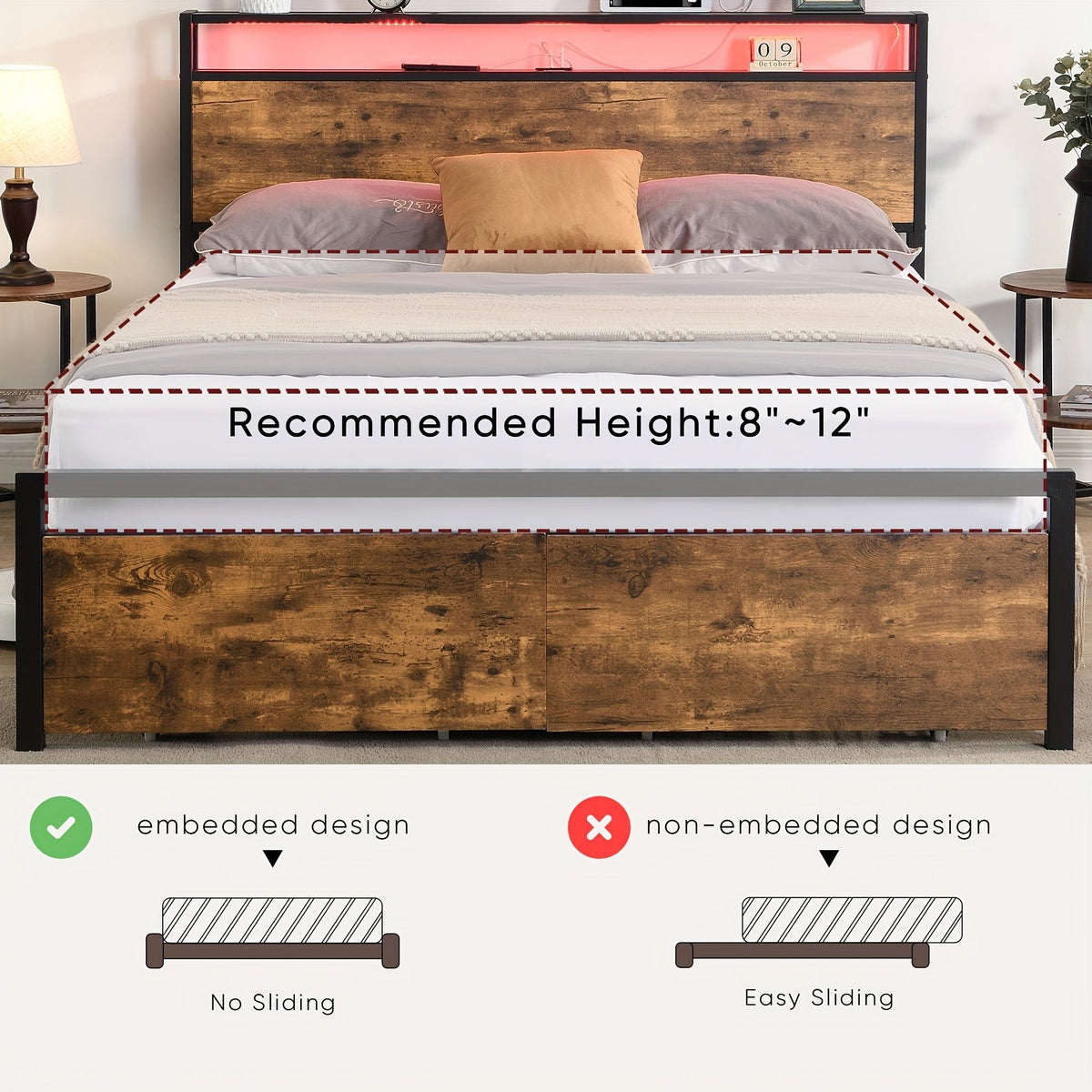 Double Bed Frame with Storage, Industrial Bed with Led Lights Headboard and 2 Drawers, Wooden Bed Frames with Charging Station, Noise Free, No Box Spring Needed, Easy Assembly, Rustic Brown