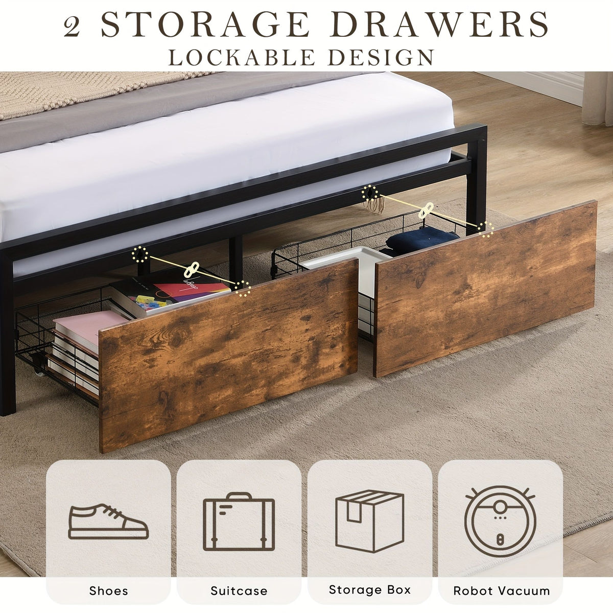 Queen Bed Frame with Storage, Industrial Bed with Led Lights Headboard and 2 Drawers, Wooden Bed Frames with Charging Station, Noise Free, No Box Spring Needed, Easy Assembly, Rustic Brown