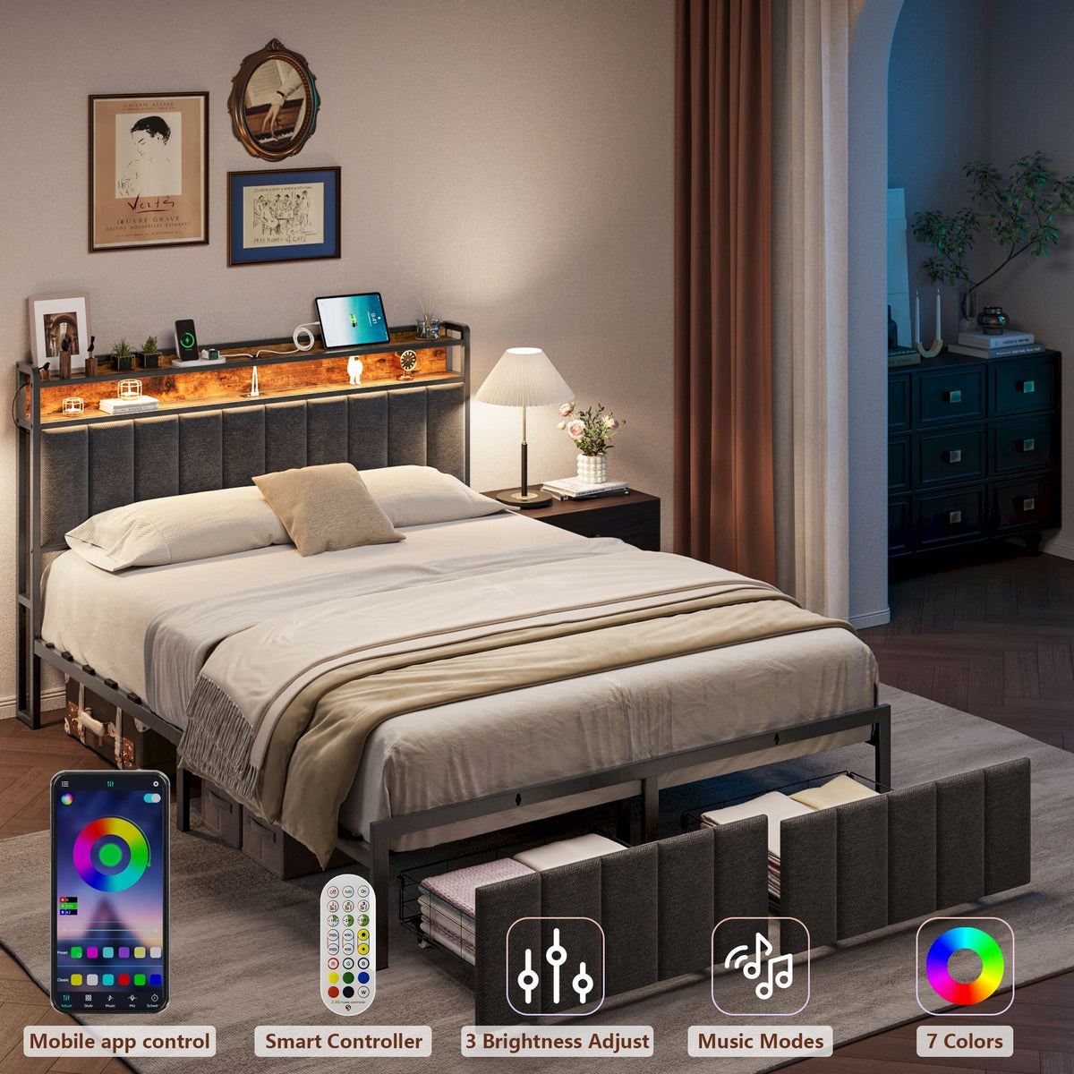 Double Bed Frame with 2 Storage Drawers and LED Lights Headboard, Upholstered Bed Frame with Charging Station, No Box Spring Needed, Easy Assembly - Grey