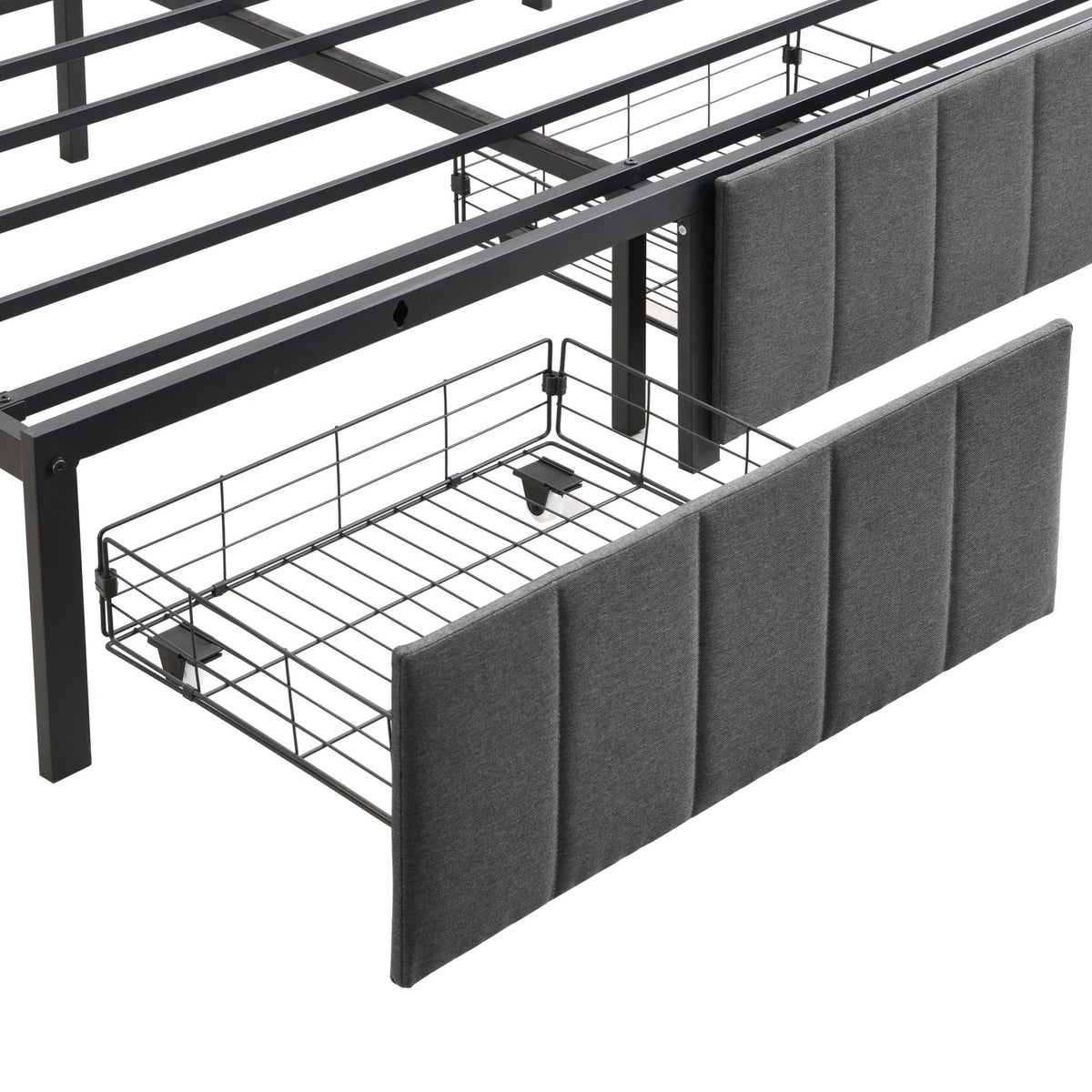 Double Bed Frame with 2 Storage Drawers and LED Lights Headboard, Upholstered Bed Frame with Charging Station, No Box Spring Needed, Easy Assembly - Grey
