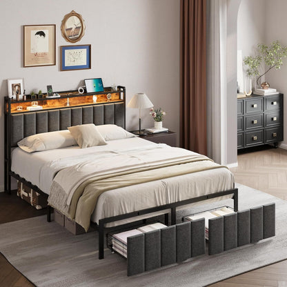 Queen Bed Frame with 2 Storage Drawers and LED Lights Headboard, Upholstered Bed Frame with Charging Station, No Box Spring Needed, Easy Assembly - Grey