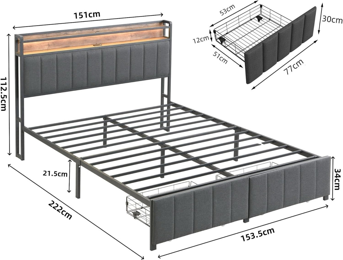 Queen Bed Frame with 2 Storage Drawers and LED Lights Headboard, Upholstered Bed Frame with Charging Station, No Box Spring Needed, Easy Assembly - Grey