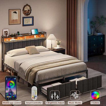 Queen Bed Frame with 2 Storage Drawers and LED Lights Headboard, Upholstered Bed Frame with Charging Station, No Box Spring Needed, Easy Assembly - Grey