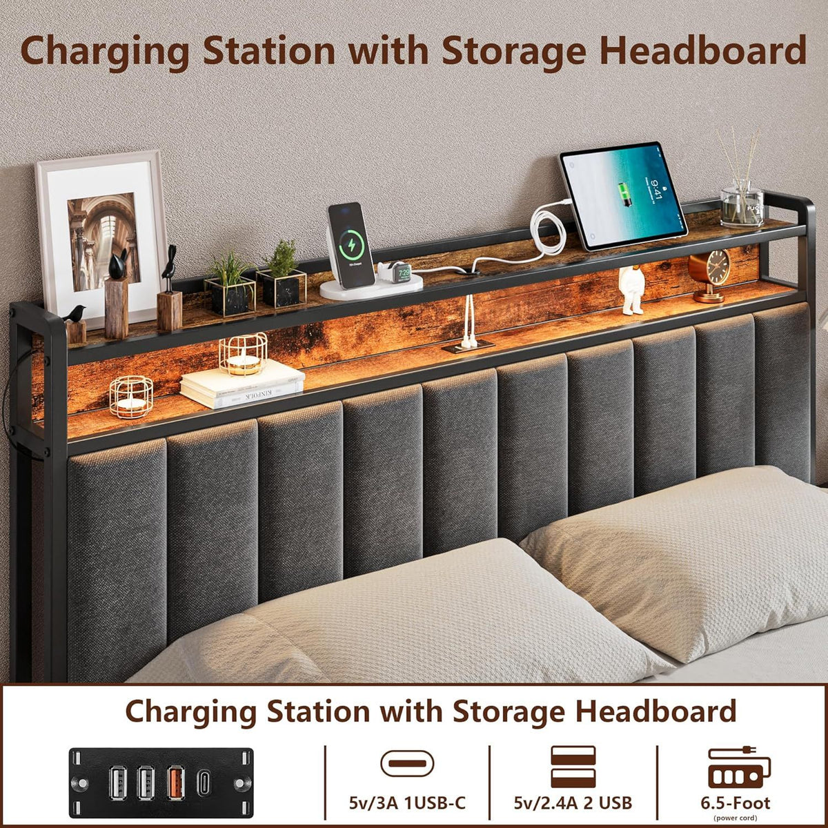 Queen Bed Frame with 2 Storage Drawers and LED Lights Headboard, Upholstered Bed Frame with Charging Station, No Box Spring Needed, Easy Assembly - Grey