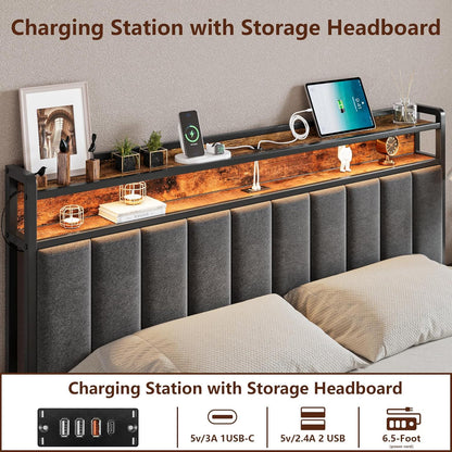 Queen Bed Frame with 2 Storage Drawers and LED Lights Headboard, Upholstered Bed Frame with Charging Station, No Box Spring Needed, Easy Assembly - Grey