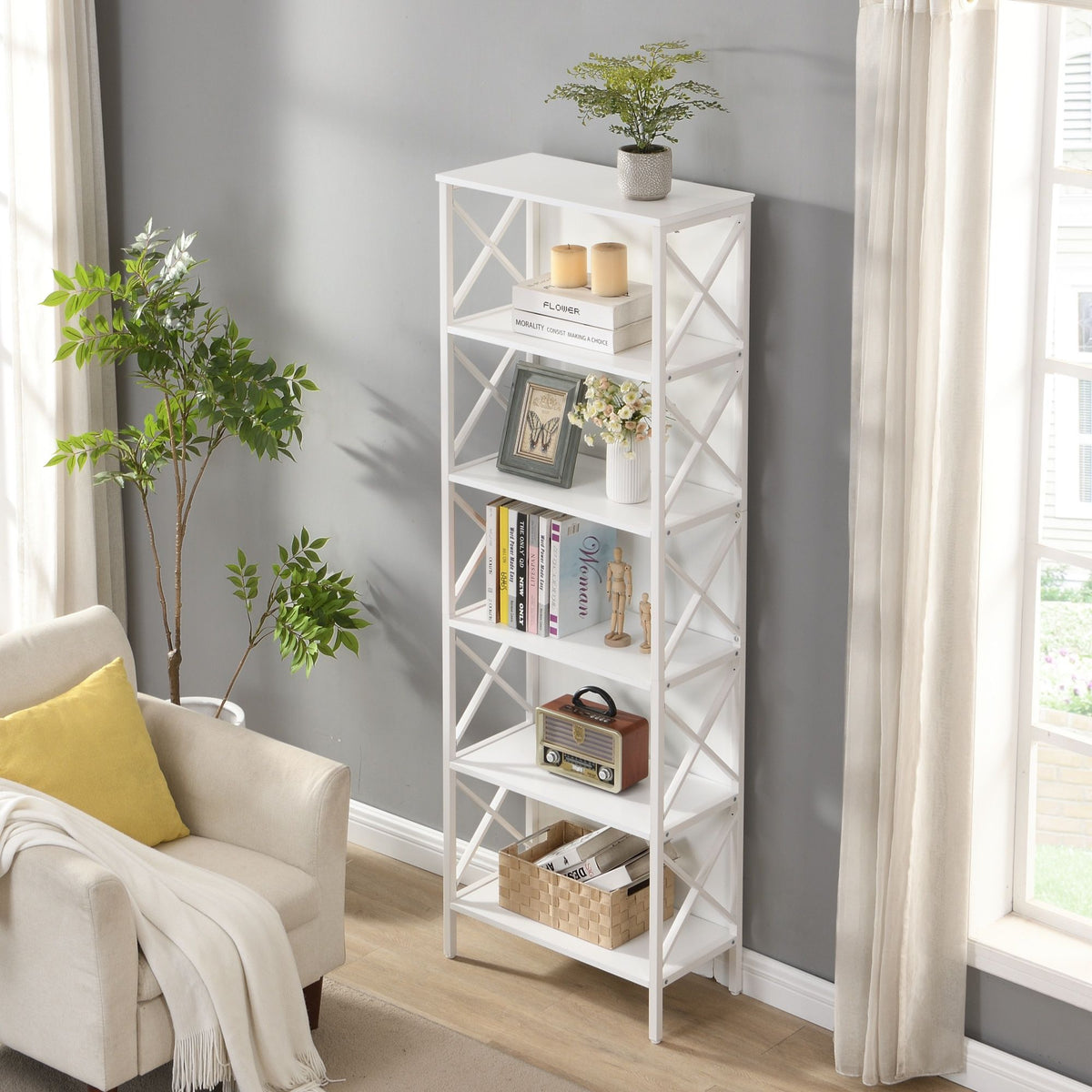 6 Tier Tall Bookshelf, White