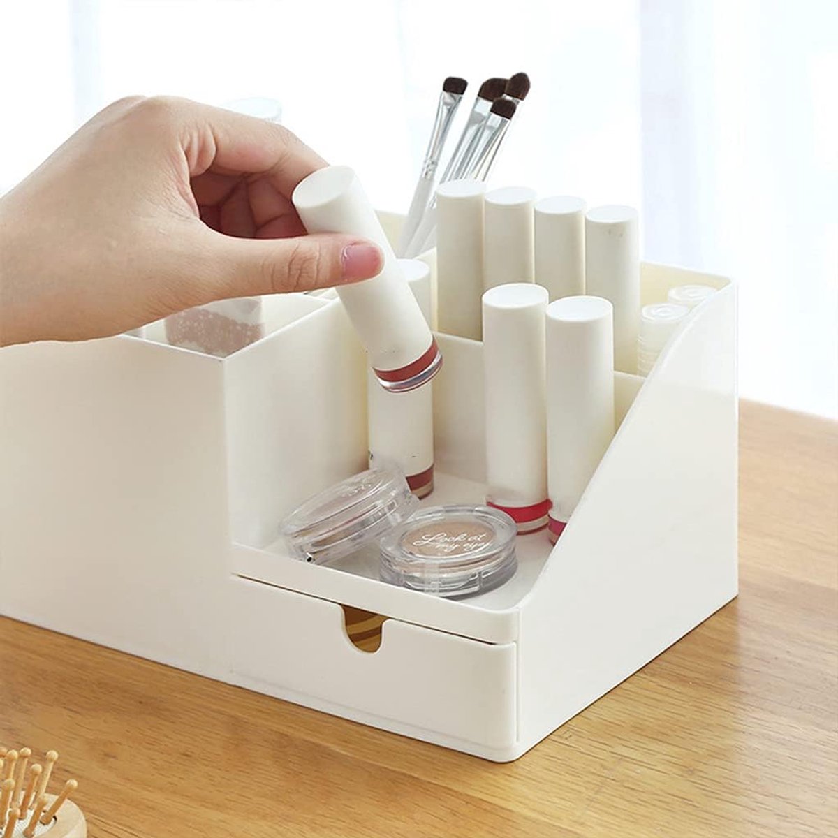 Desk Organizer - Pencil Holder - Storage - Sliding - Desk organizer, pencil holder and card holder, box and container for office, office supplies and dressing table - Gray