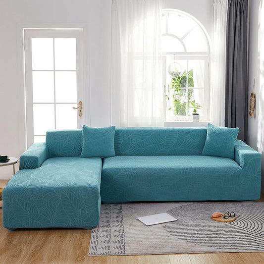 Waterproof sofa cover - Bright blue jacquard leaf pattern - For 3-seater sofa (185-230 cm)