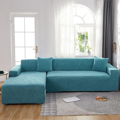 Waterproof sofa cover - Bright blue jacquard leaf pattern - For 2-seater sofa (145-180 cm)