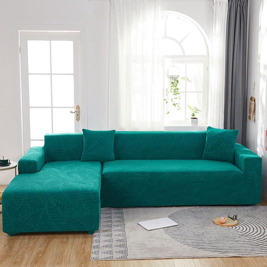 Waterproof sofa cover - Bright green jacquard leaf pattern - For 3-seater sofa (185-230 cm)