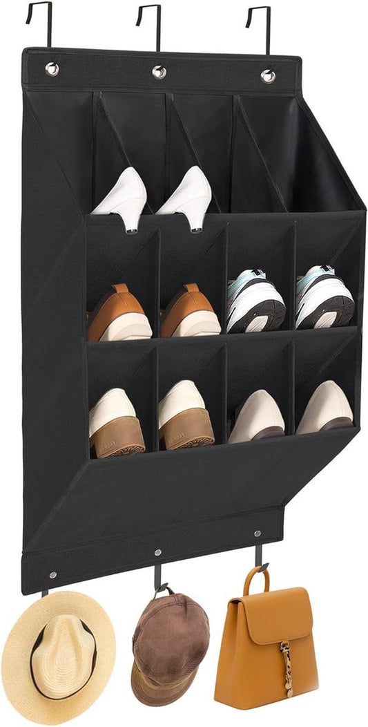 Hanging Shoe Bag - Shoe Organizer - With Hooks - Door Organizer - Over-the-Door Shoe Organizer - Solution for Scattered Stuff - Door Storage Bag - Hanging Organizer - Black - Space-Saving - For Shoes/Home Accessories Etc.
