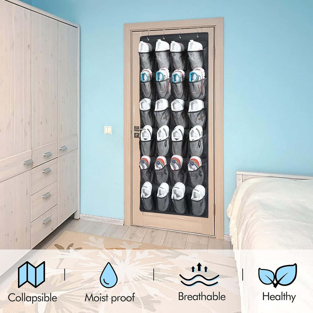 2-Piece Hanging Shoe Bag - Behind the Door Shoe Hanging Holder Rack - Shoe Rack - Shoe Organizer - Shoe Bag - with 48 Large Mesh Pockets - Clear Fabric Shoe Hanger Storage Organizer Bag - Hanging Organizer - Shoe Organizer