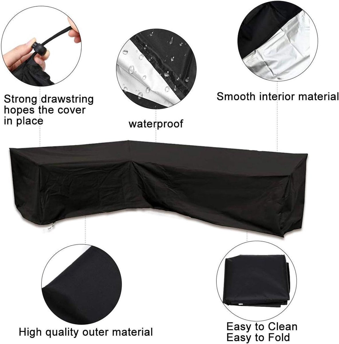 L-shaped garden bench cover - Garden furniture cover - L-shaped garden furniture protective cover with drawstrings at the bottom - Protective cover for L-shaped lounge set - Weatherproof - 210D L-shaped garden furniture tarpaulin - Black - 286 × 222 × 82c