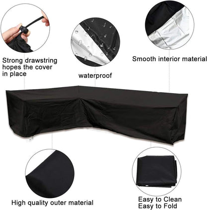 L-shaped garden bench cover - Garden furniture cover - L-shaped garden furniture protective cover with drawstrings at the bottom - Protective cover for L-shaped lounge set - Weatherproof - 210D L-shaped garden furniture tarpaulin - Black - 286 × 222 × 82c