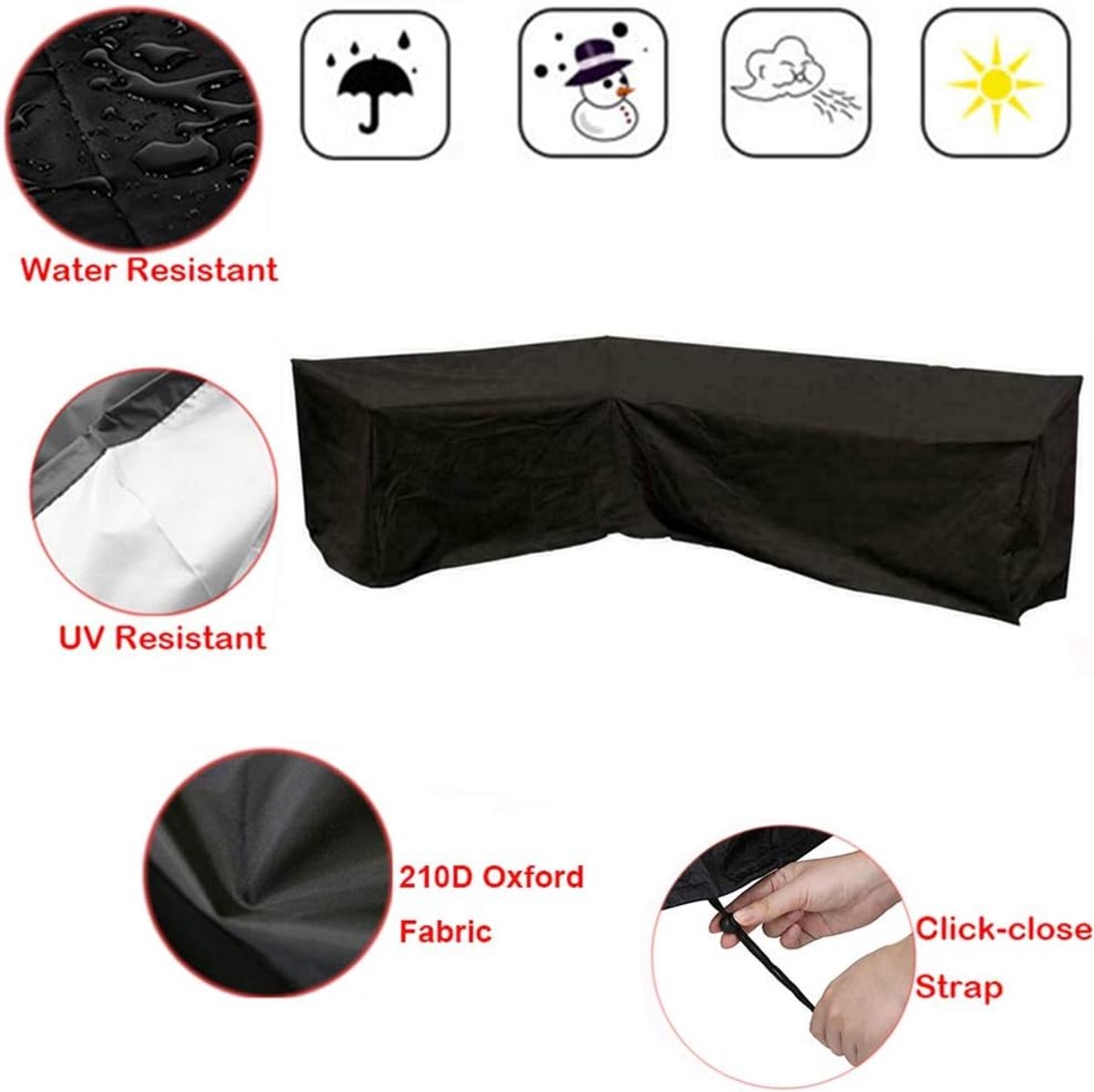 L-shaped garden bench cover - Garden furniture cover - L-shaped garden furniture protective cover with drawstrings at the bottom - Protective cover for L-shaped lounge set - Weatherproof - 210D L-shaped garden furniture tarpaulin - Black - 286 × 222 × 82c