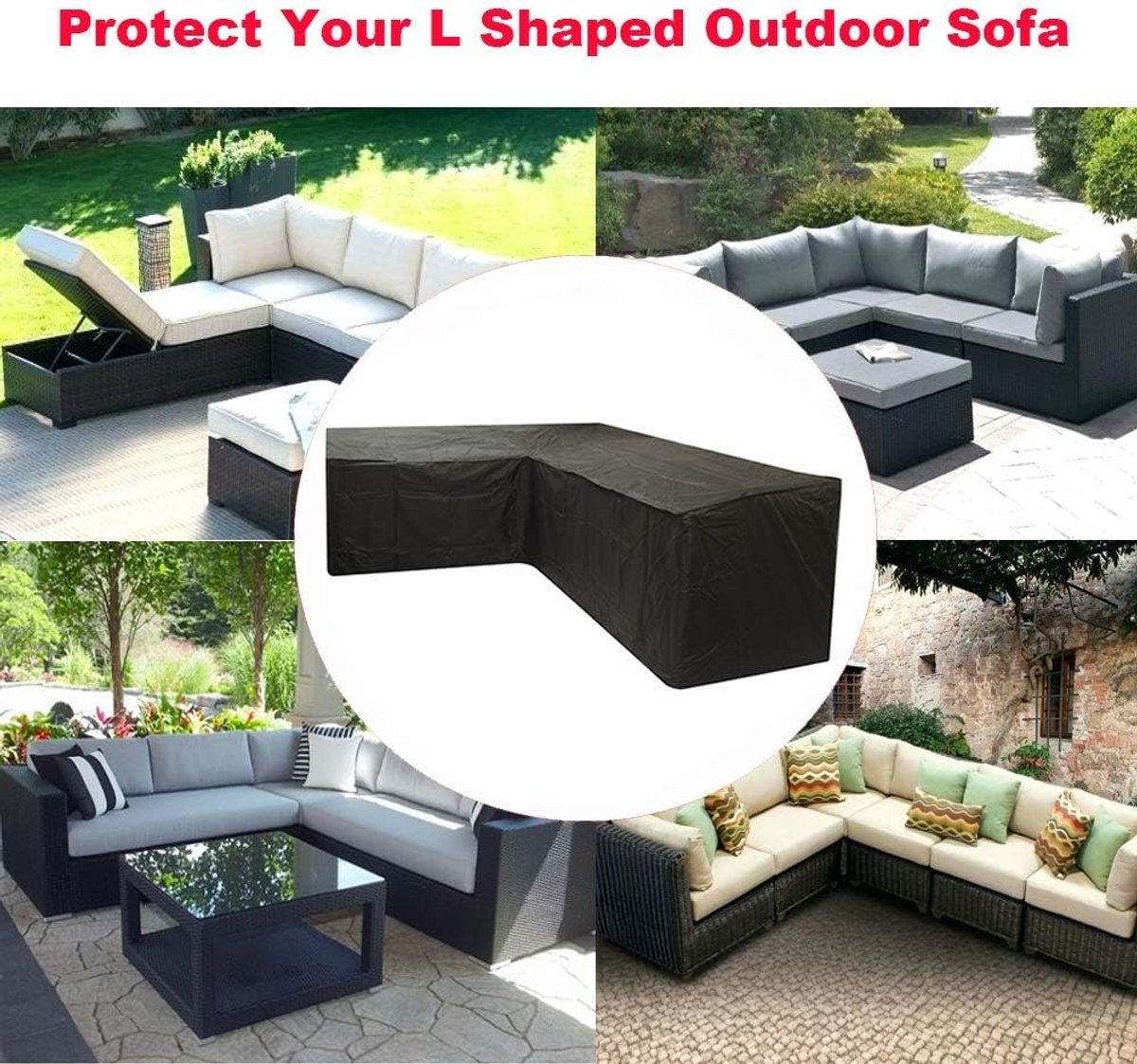 L-shaped garden bench cover - Garden furniture cover - L-shaped garden furniture protective cover with drawstrings at the bottom - Protective cover for L-shaped lounge set - Weatherproof - 210D L-shaped garden furniture tarpaulin - Black - 286 × 222 × 82c