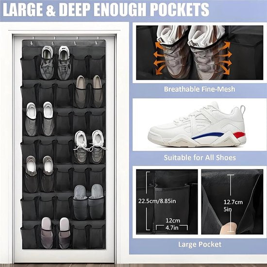 Shoe rack with 24 compartments - Made of sturdy and durable Oxford cloth - Can be hung on a door - Suitable for wardrobes with mesh walls - Black