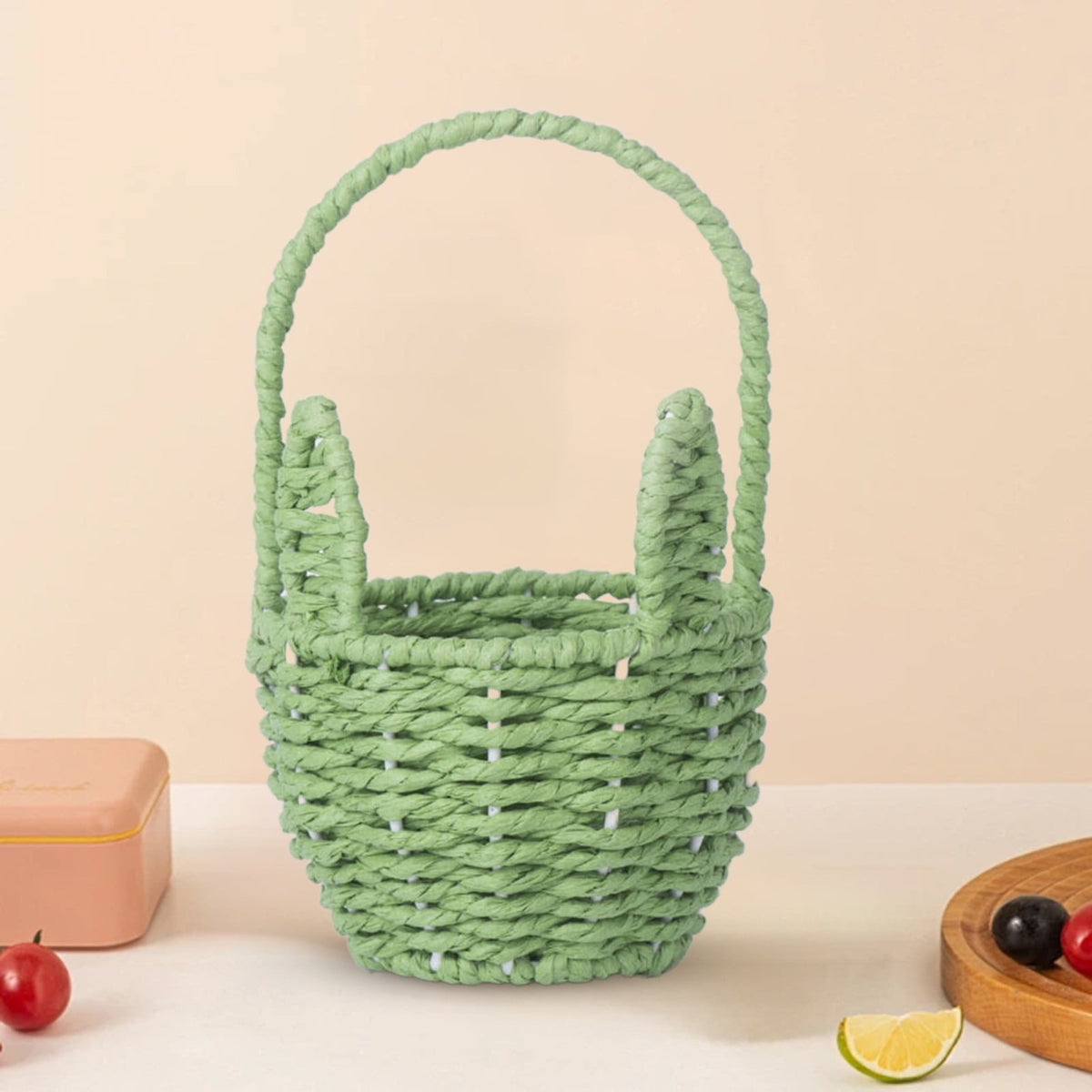 Woven Breads Baskets, Oval Small Fruit Baskets, Stackable Plastic Wicker Baskets for Serving Vegetables, Kitchen, Restaurant, Outdoor, Imitation Rattan, 1 Pcs, 7.48x5.11x2.75 4.88" x 8.19" Blue