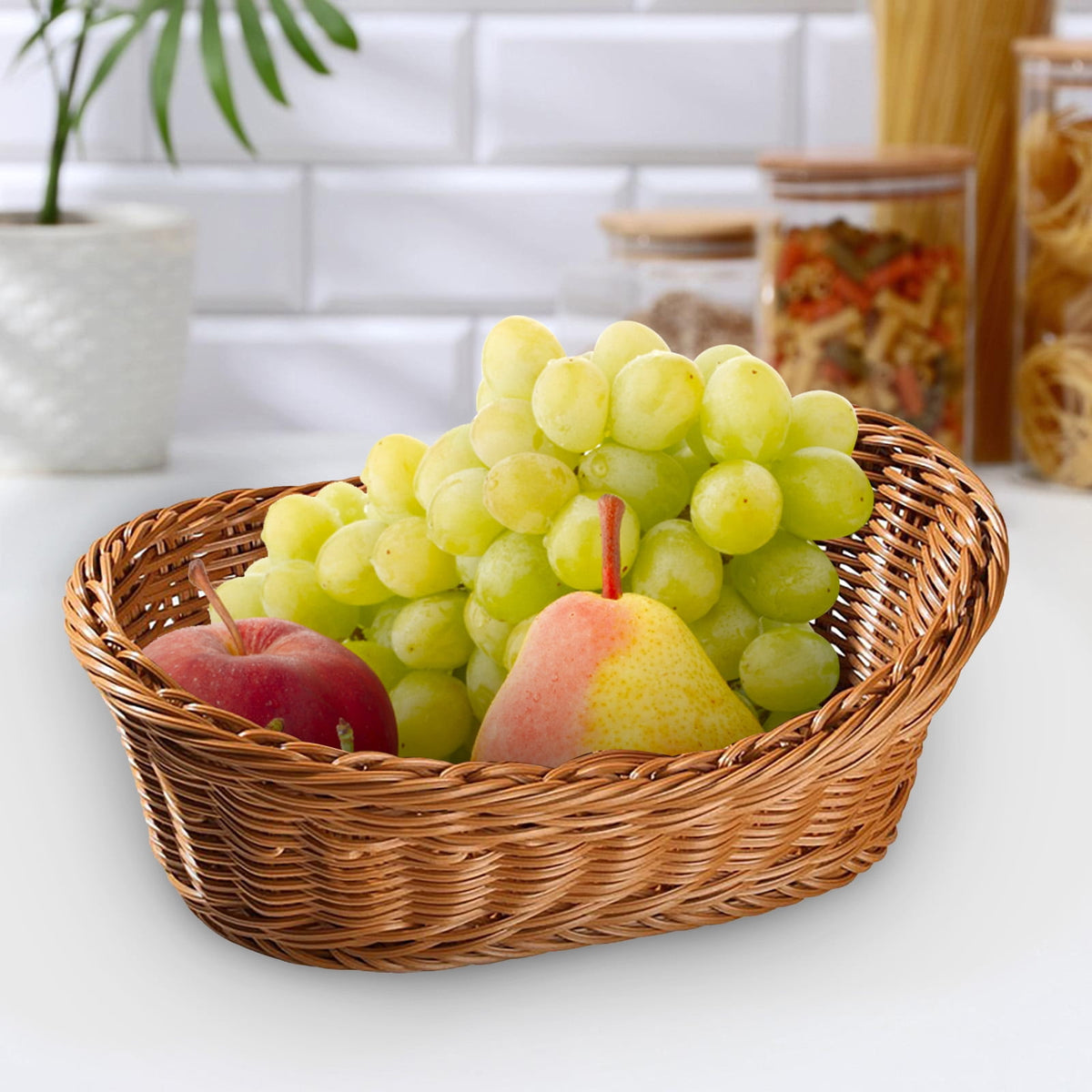 Woven Breads Baskets, Oval Small Fruit Baskets, Stackable Plastic Wicker Baskets for Serving Vegetables, Kitchen, Restaurant, Outdoor, Imitation Rattan, 1 Pcs, 7.48x5.11x2.75 7.48" x 5.11" x 2.75" Brown