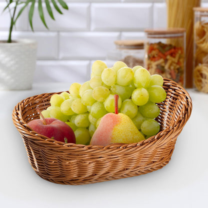 Woven Breads Baskets, Oval Small Fruit Baskets, Stackable Plastic Wicker Baskets for Serving Vegetables, Kitchen, Restaurant, Outdoor, Imitation Rattan, 1 Pcs, 7.48x5.11x2.75 7.48" x 5.11" x 2.75" Brown
