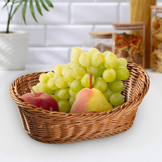Woven Breads Baskets, Oval Small Fruit Baskets, Stackable Plastic Wicker Baskets for Serving Vegetables, Kitchen, Restaurant, Outdoor, Imitation Rattan, 1 Pcs, 7.48x5.11x2.75 7.48" x 5.11" x 2.75" Brown