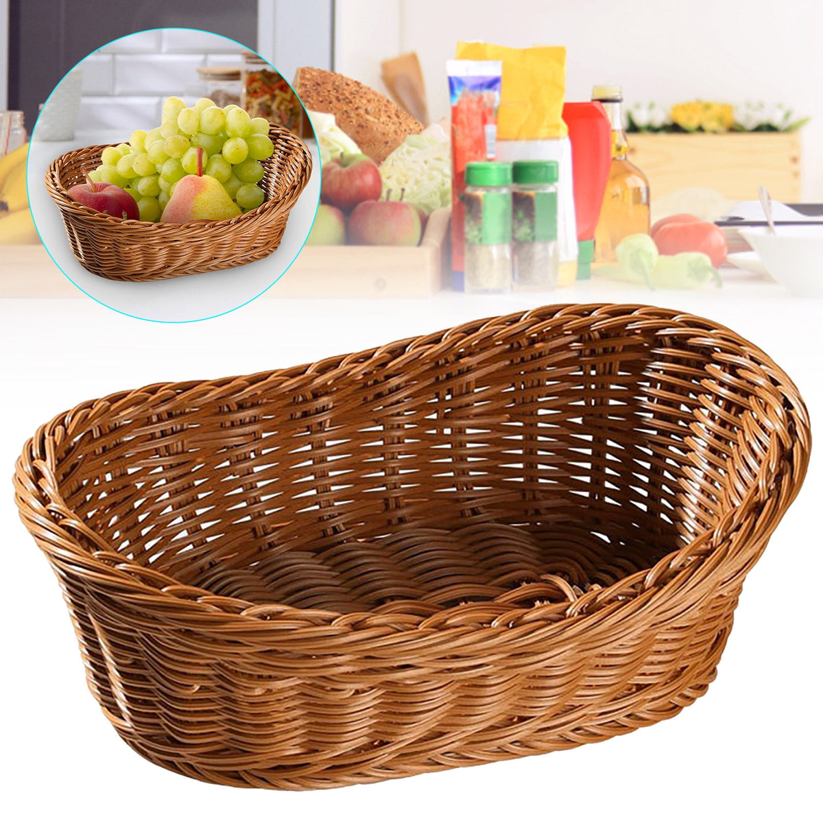 Woven Breads Baskets, Oval Small Fruit Baskets, Stackable Plastic Wicker Baskets for Serving Vegetables, Kitchen, Restaurant, Outdoor, Imitation Rattan, 1 Pcs, 7.48x5.11x2.75 7.48" x 5.11" x 2.75" Brown