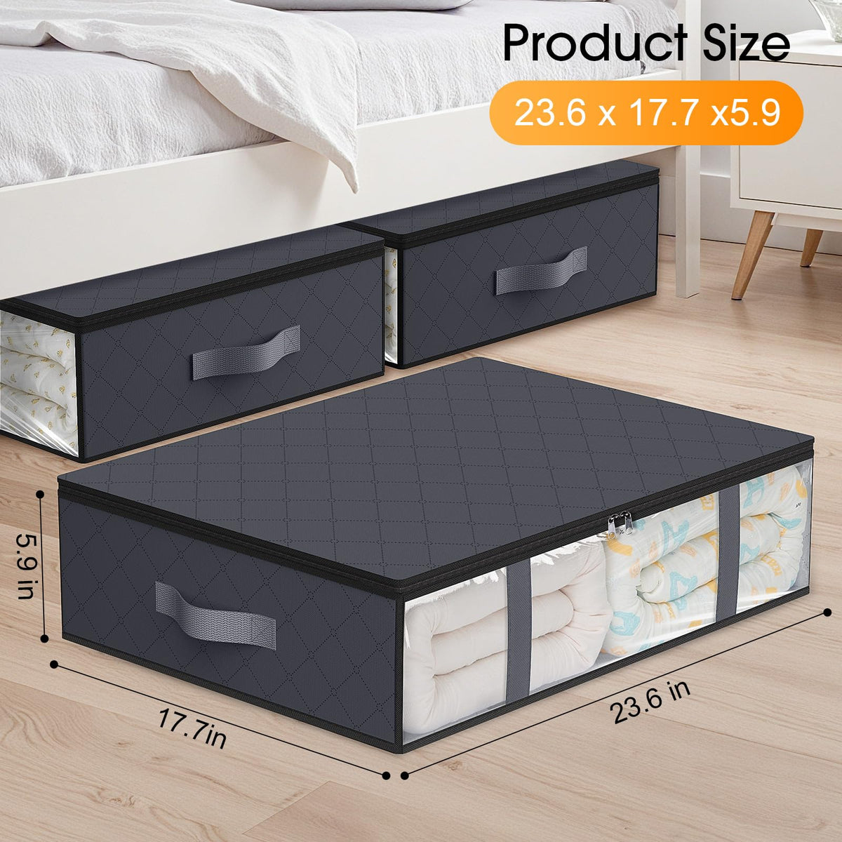 Clothing Storage Bag - Underbed Storage Box - Wardrobe Organizer - Duvet Storage Bag - Large Textile Storage Box - Foldable Storage Bags - Bedding Basket - Clothing Storage - Pillow Bag - Underbed Box Fabric - Storage - Gray - 3 Pieces