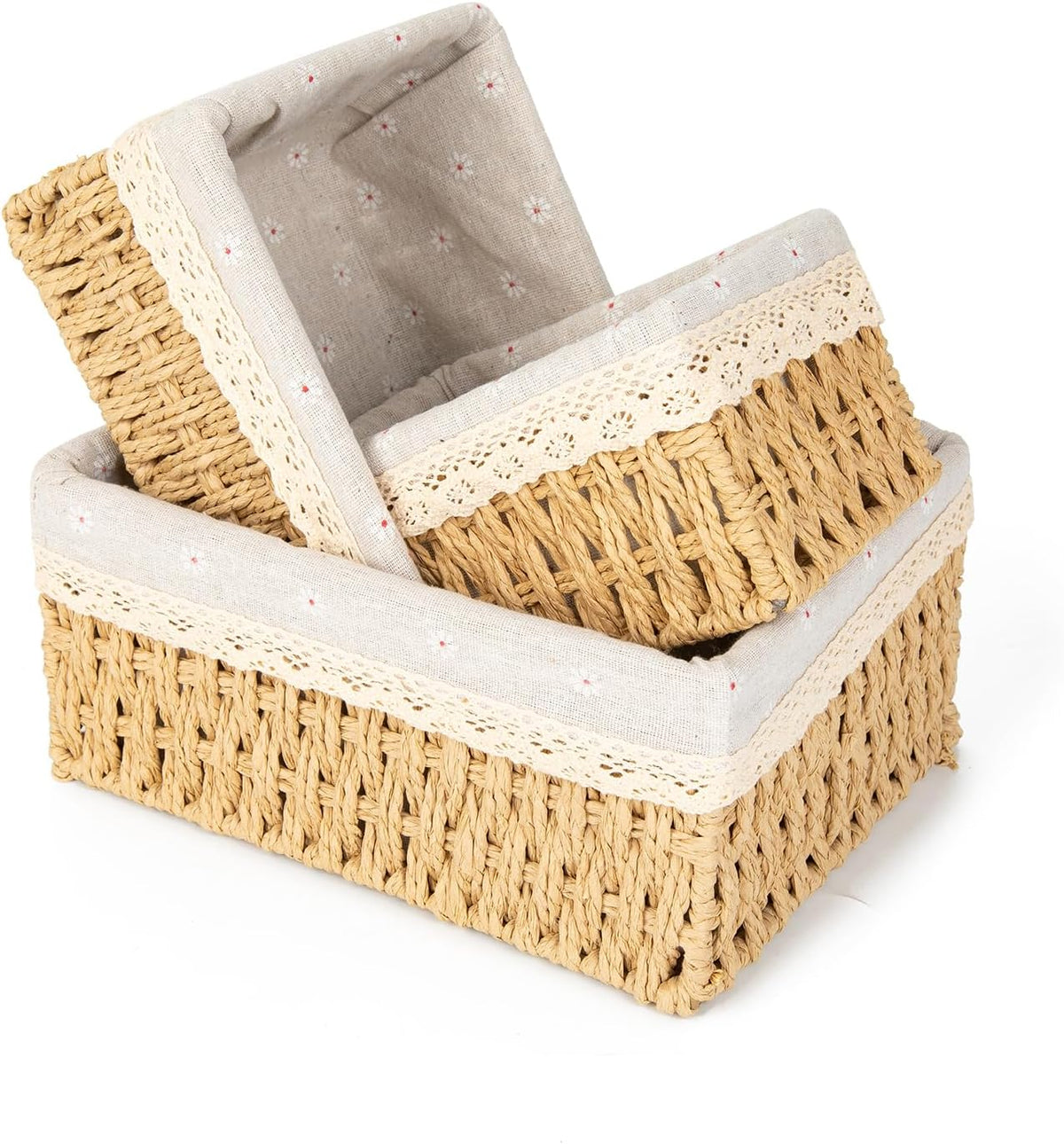 Storage Basket - Basket Set - Wicker Basket - Woven Basket - Cabinet Basket - Bathroom Basket - Storage Box - Drawer Organizer - Living Room - Bedroom - Bathroom Accessories - With Fabric Lining - Floral Print - Country Style - 3 Sizes - Natural - 3 Piece