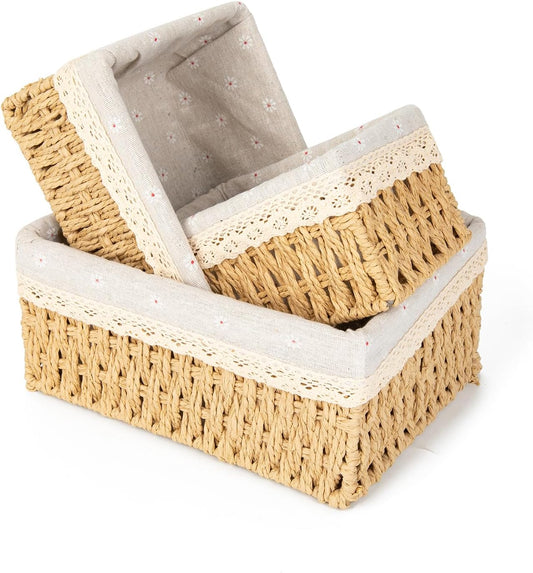 Storage Basket - Basket Set - Wicker Basket - Woven Basket - Cabinet Basket - Bathroom Basket - Storage Box - Drawer Organizer - Living Room - Bedroom - Bathroom Accessories - With Fabric Lining - Floral Print - Country Style - 3 Sizes - Natural - 3 Piece