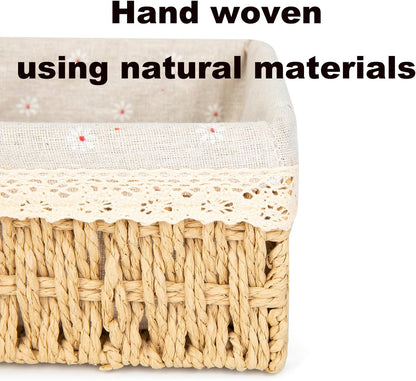 Storage Basket - Basket Set - Wicker Basket - Woven Basket - Cabinet Basket - Bathroom Basket - Storage Box - Drawer Organizer - Living Room - Bedroom - Bathroom Accessories - With Fabric Lining - Floral Print - Country Style - 3 Sizes - Natural - 3 Piece