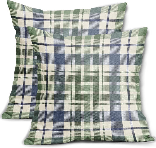 Fall Plaid Pillow Covers 18x18 Set of 2 Burnt Orange Blue Buffalo Plaid Tartan Print Autumn Colored Decorative Outdoor Pillowcases Farmhouse Rustic Throw Cushion Case Decor for Home Couch Sofa Bed 20x20 2pcs Blue Sage Green