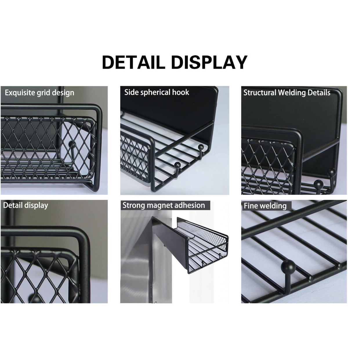 Magnetic Spice Rack for Refrigerator, Metal Strong Magnet Shelf, Space Saving Spice Organizer, Home Kitchen Storage Rack, Movable Magnetic Basket for Fridge Microwave Washing Machines Black