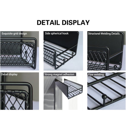Magnetic Spice Rack for Refrigerator, Metal Strong Magnet Shelf, Space Saving Spice Organizer, Home Kitchen Storage Rack, Movable Magnetic Basket for Fridge Microwave Washing Machines Black