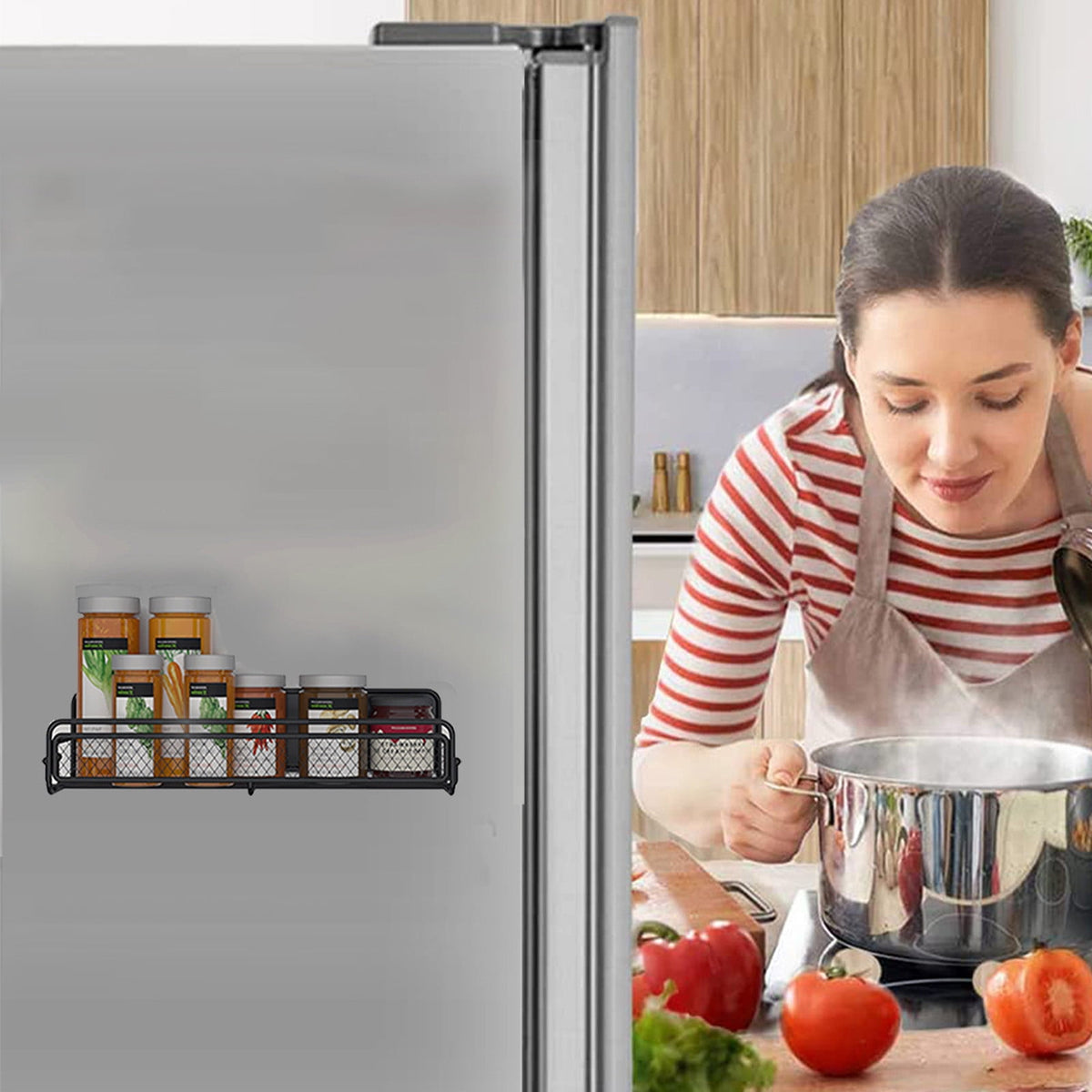 Magnetic Spice Rack for Refrigerator, Metal Strong Magnet Shelf, Space Saving Spice Organizer, Home Kitchen Storage Rack, Movable Magnetic Basket for Fridge Microwave Washing Machines Black