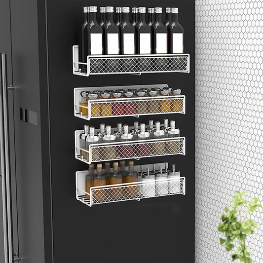 Magnetic Spice Rack for Refrigerator, Metal Strong Magnet Shelf, Space Saving Spice Organizer, Home Kitchen Storage Rack, Movable Magnetic Basket for Fridge Microwave Washing Machines White