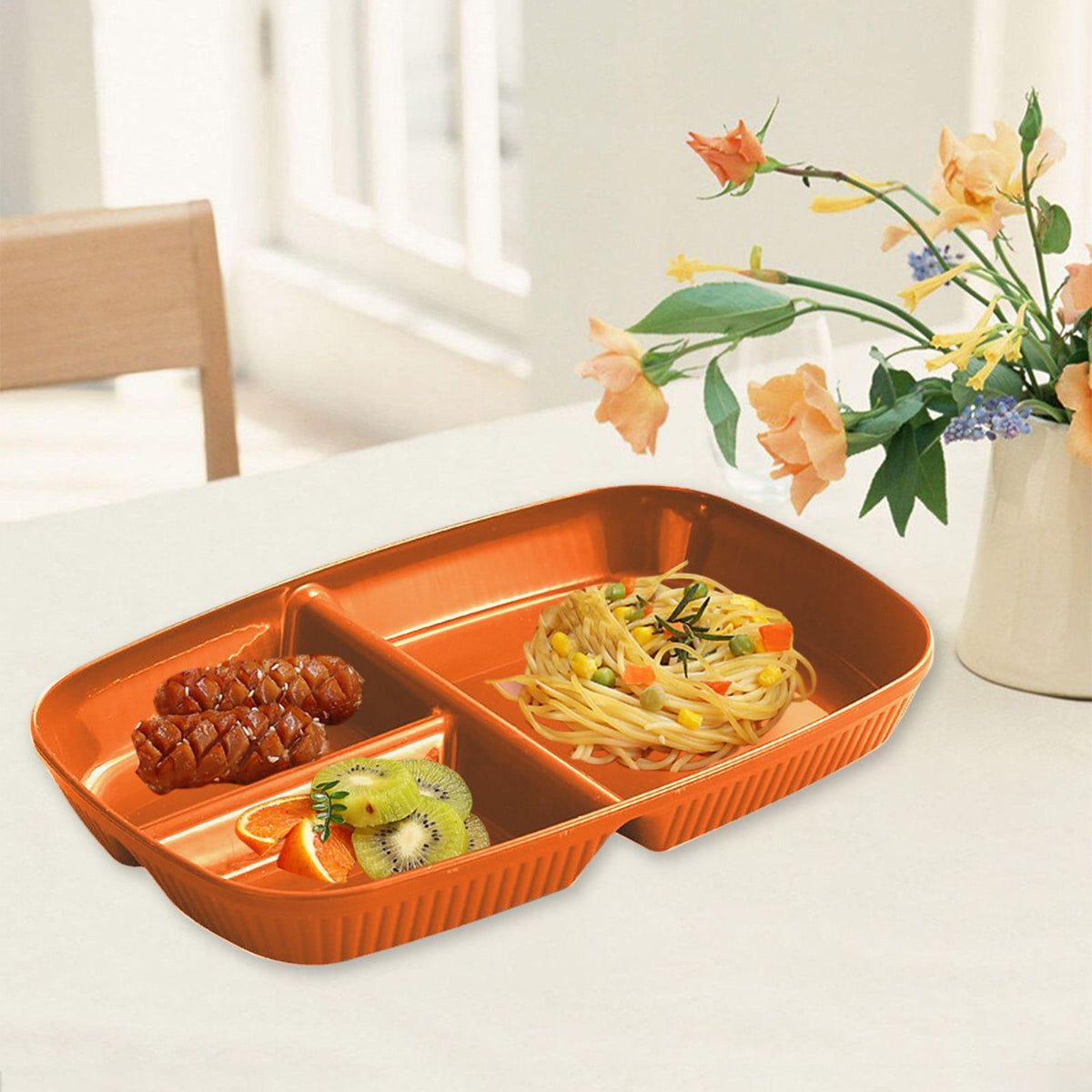 Kdkad Large 10 Inch Wheat Straw Divided Plates for Adults Picnic, 3 Compartment Plates, Unbreakable Portion Control Plate, Reusable Plastic Compartment Plates, Dinner Plates Dessert Plates 10.4×7.1 in Orange