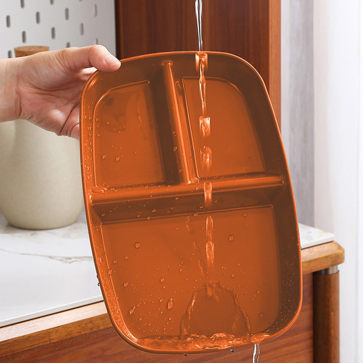 Kdkad Large 10 Inch Wheat Straw Divided Plates for Adults Picnic, 3 Compartment Plates, Unbreakable Portion Control Plate, Reusable Plastic Compartment Plates, Dinner Plates Dessert Plates 10.4×7.1 in Orange