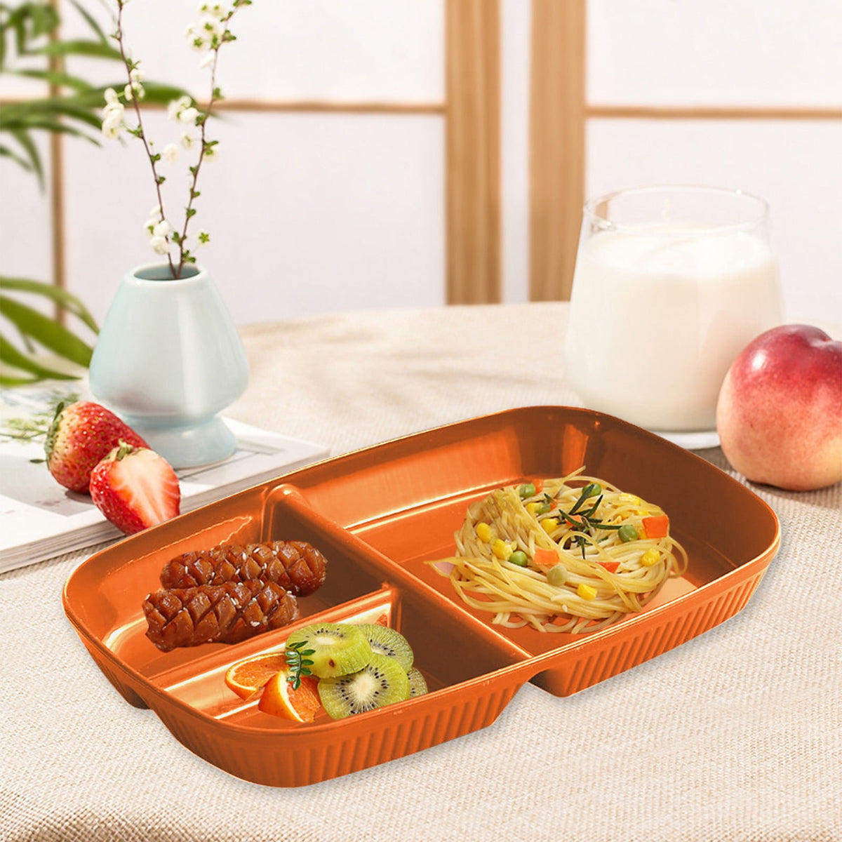 Kdkad Large 10 Inch Wheat Straw Divided Plates for Adults Picnic, 3 Compartment Plates, Unbreakable Portion Control Plate, Reusable Plastic Compartment Plates, Dinner Plates Dessert Plates 10.4×7.1 in Orange